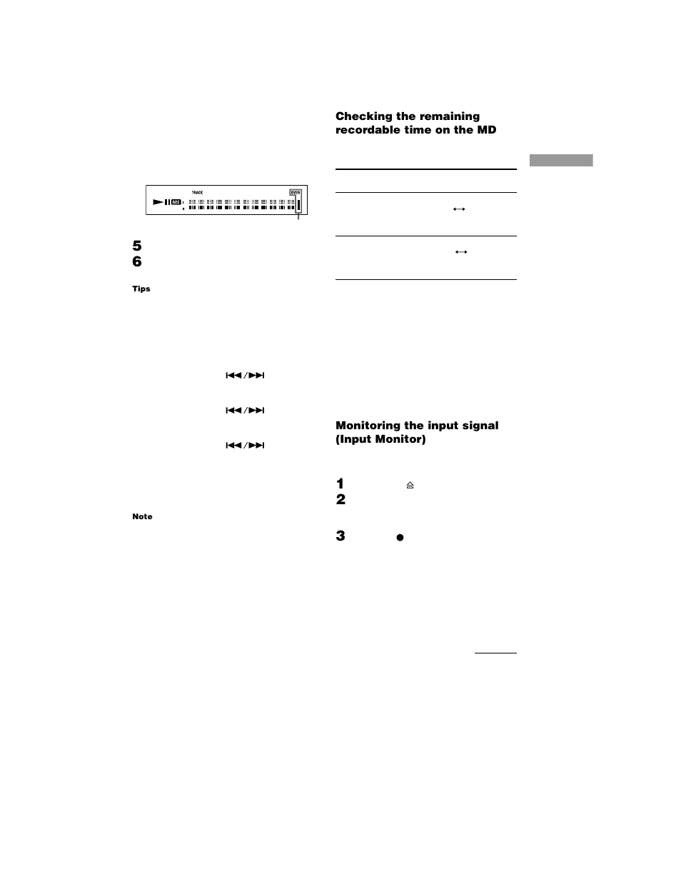 Checking the remaining recordable time on the md, Monitoring the input signal (inputmonitor) | Sony MDS-JE770 User Manual | Page 17 / 48