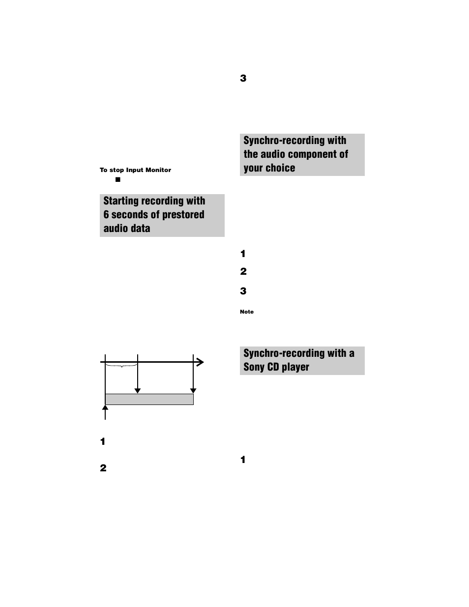 Synchro-recording with a sony cd player, Starting recording with 6 seconds of, Prestored audio data — time machine recording | Synchro-recording with the audio, Component of your choice — music synchro-recording, Cd synchro-recording | Sony MDS-JE770 User Manual | Page 18 / 48