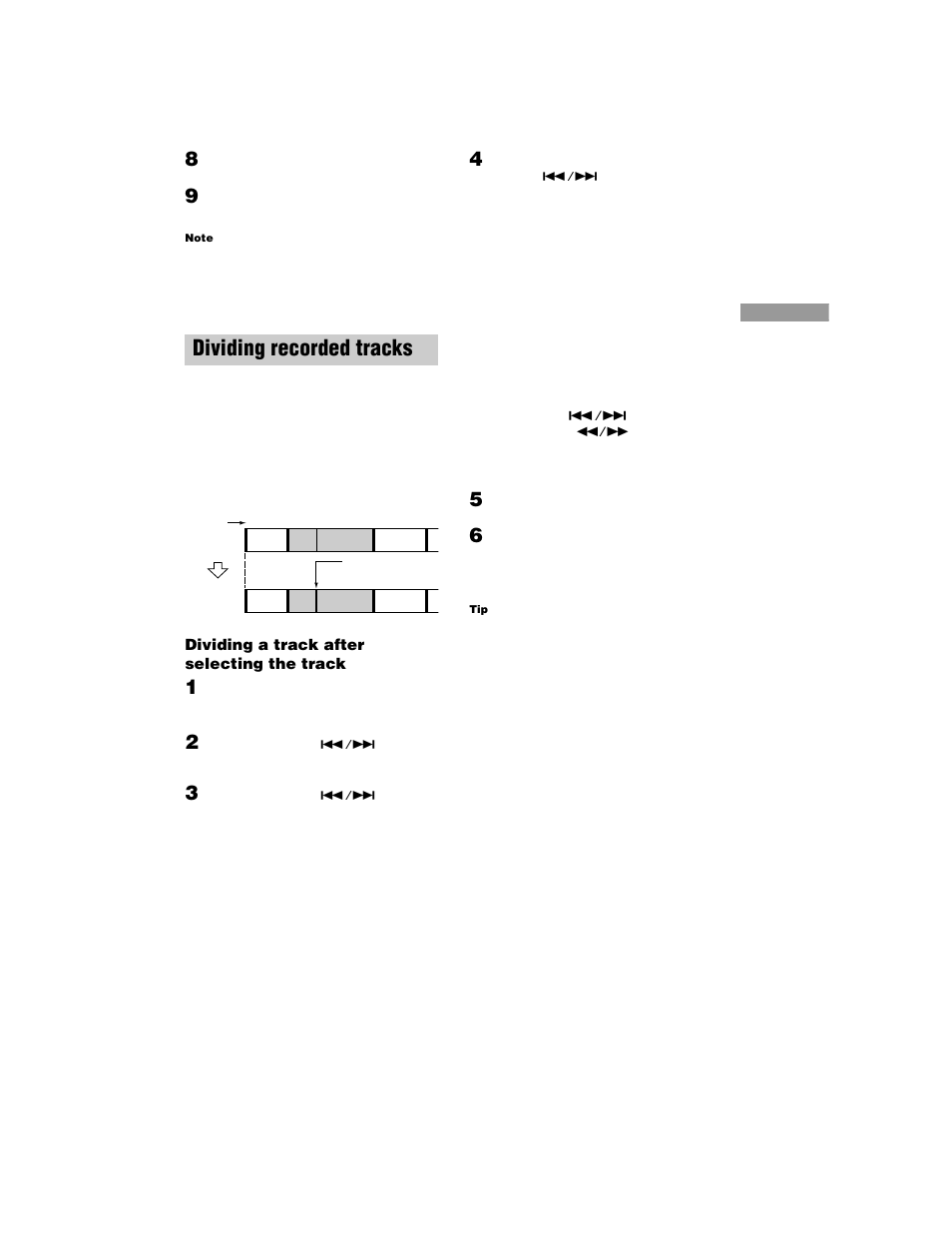 Dividing recorded tracks, Dividing a track after selecting the track, Divide function | Sony MDS-JE770 User Manual | Page 27 / 48