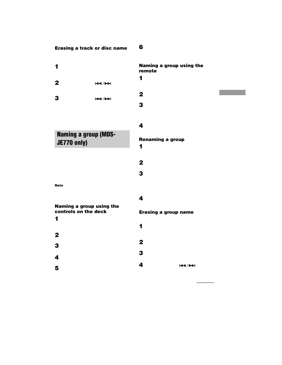 Erasing a track or disc name, Naming a group (mds- je770 only), Naming a group using the controls on the deck | Naming a group using the remote, Renaming a group, Erasing a group name, Naming a group (mds-je770 only), Name function, Repeat, Level | Sony MDS-JE770 User Manual | Page 31 / 48