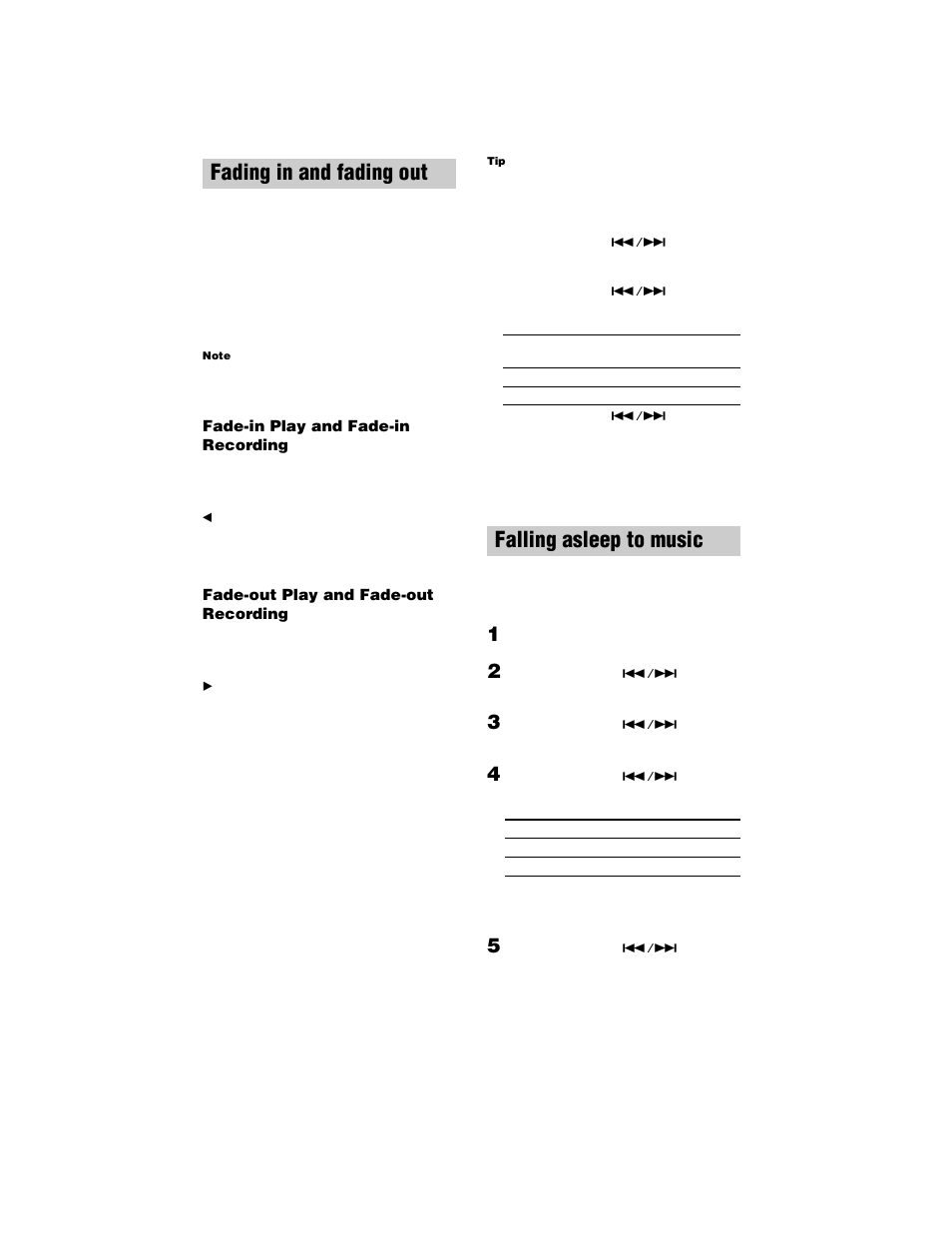 Fading in and fading out, Fade-in play and fade-in recording, Fade-out play and fade-out recording | Falling asleep to music, Sleep timer | Sony MDS-JE770 User Manual | Page 36 / 48