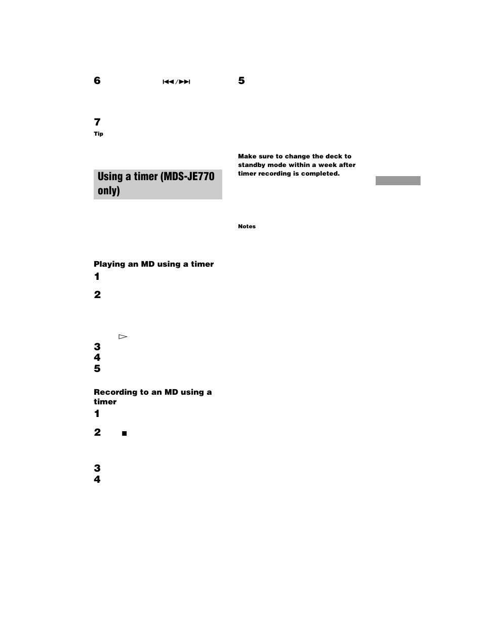 Using a timer (mds-je770 only), Playing an md using a timer, Recording to an md using a timer | Sony MDS-JE770 User Manual | Page 37 / 48