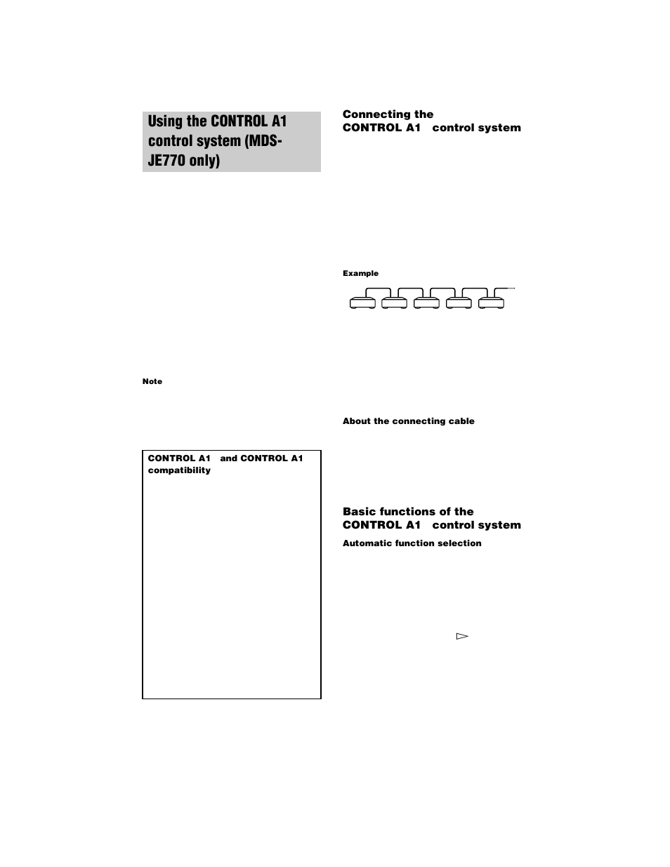 Connecting the controla1ii control system, Basic functions of the controla1ii control system, Using the control a1 | Sony MDS-JE770 User Manual | Page 38 / 48