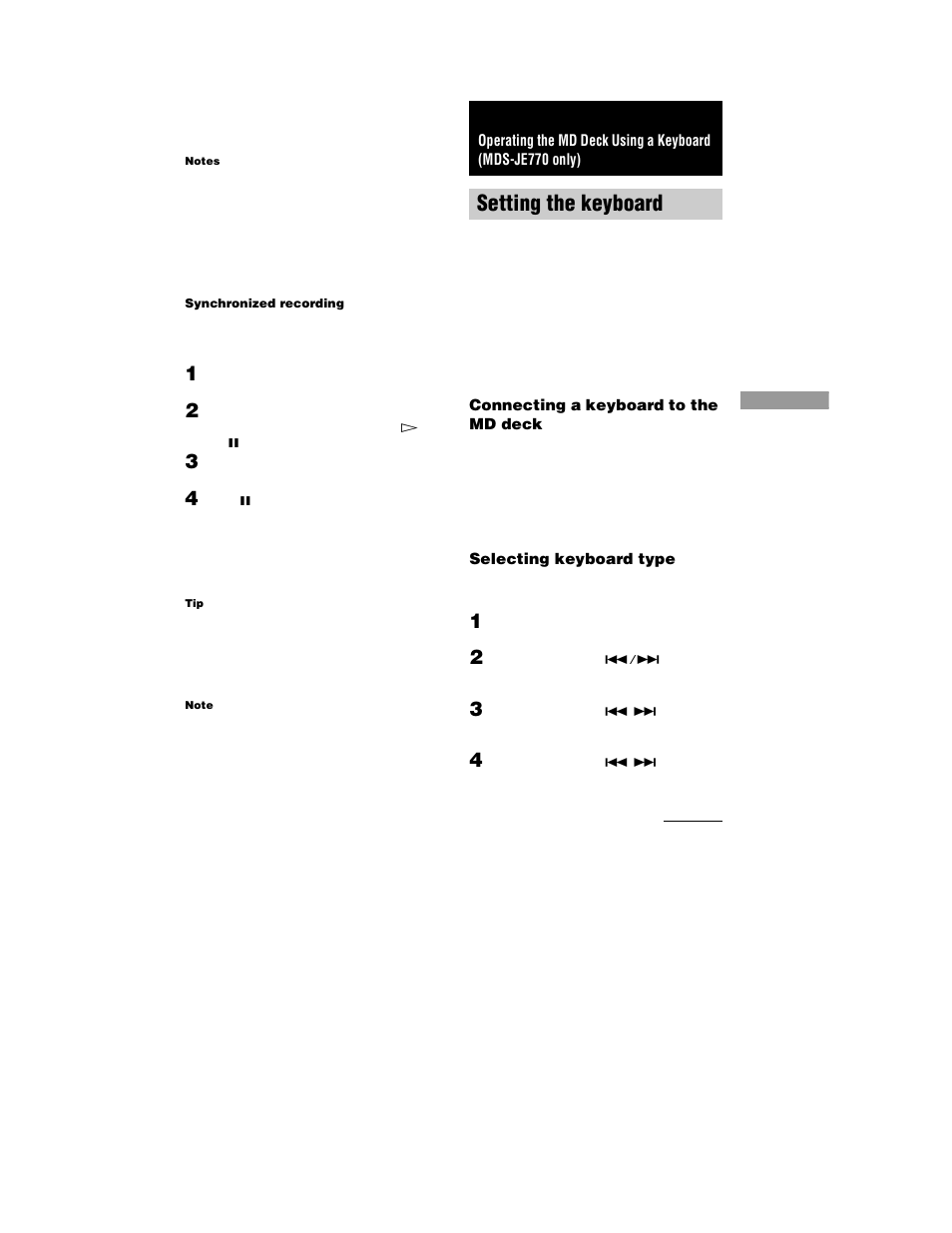 Setting the keyboard, Connecting a keyboard to the md deck, Selecting keyboard type | Sony MDS-JE770 User Manual | Page 39 / 48