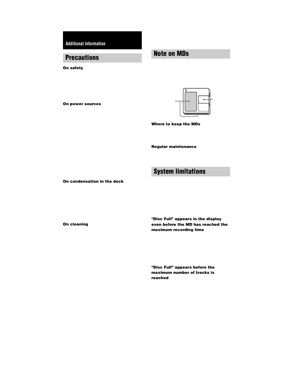 Additional information, Precautions, Note on mds | System limitations | Sony MDS-JE770 User Manual | Page 42 / 48