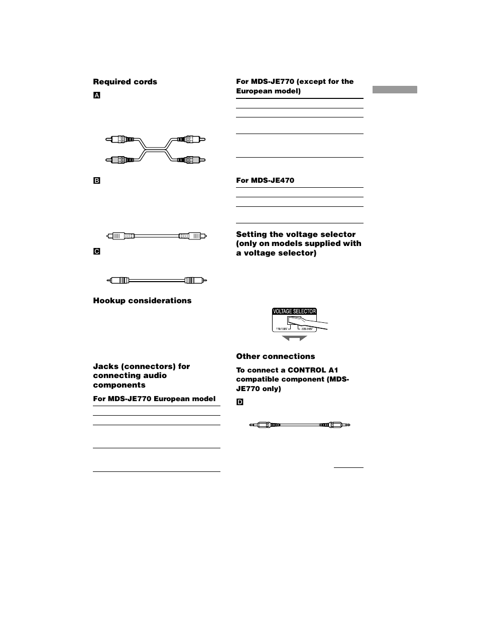 Required cords, Hookup considerations, Jacks (connectors) for connecting audio components | Other connections | Sony MDS-JE770 User Manual | Page 9 / 48