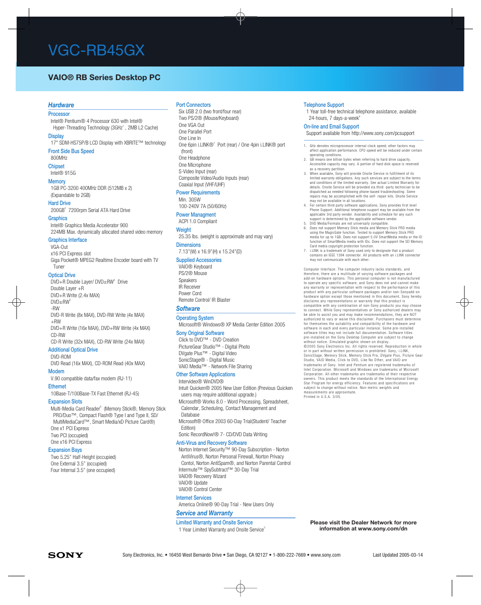 Vgc-rb45gx, Vaio® rb series desktop pc | Sony VGC-RB45GX User Manual | Page 2 / 2