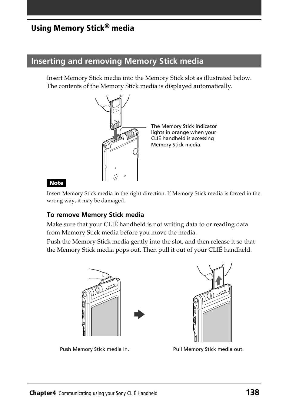 Inserting and removing memory stick media | Sony PEG-NR70V/U User Manual | Page 138 / 224