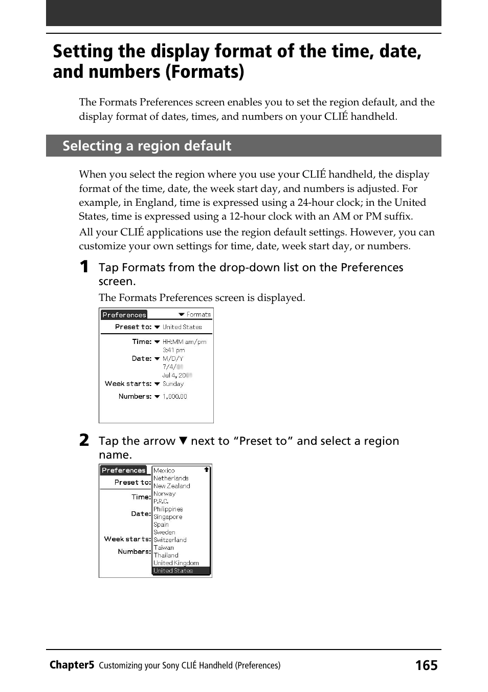 Selecting a region default | Sony PEG-NR70V/U User Manual | Page 165 / 224
