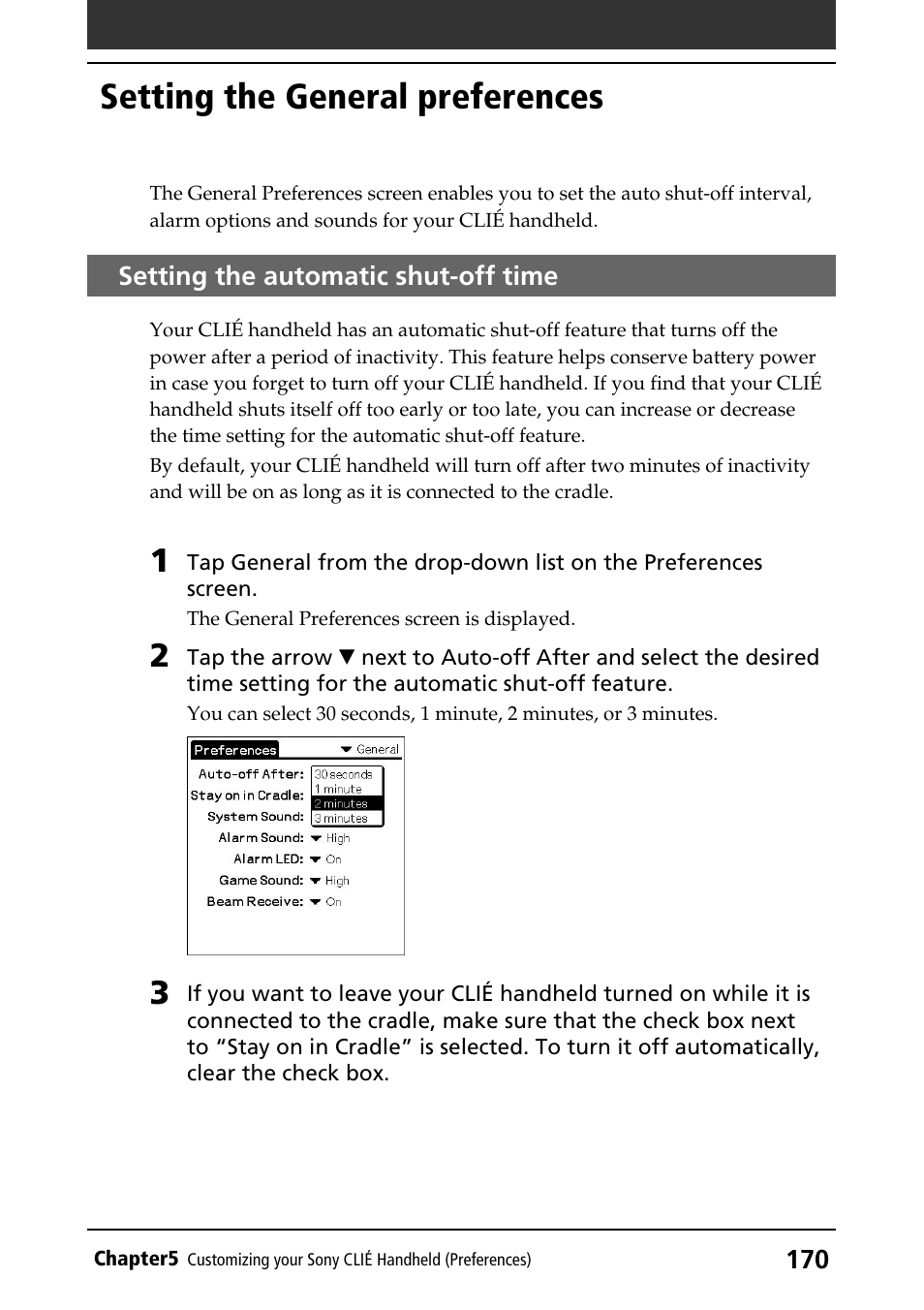 Setting the general preferences, Setting the automatic shut-off time | Sony PEG-NR70V/U User Manual | Page 170 / 224