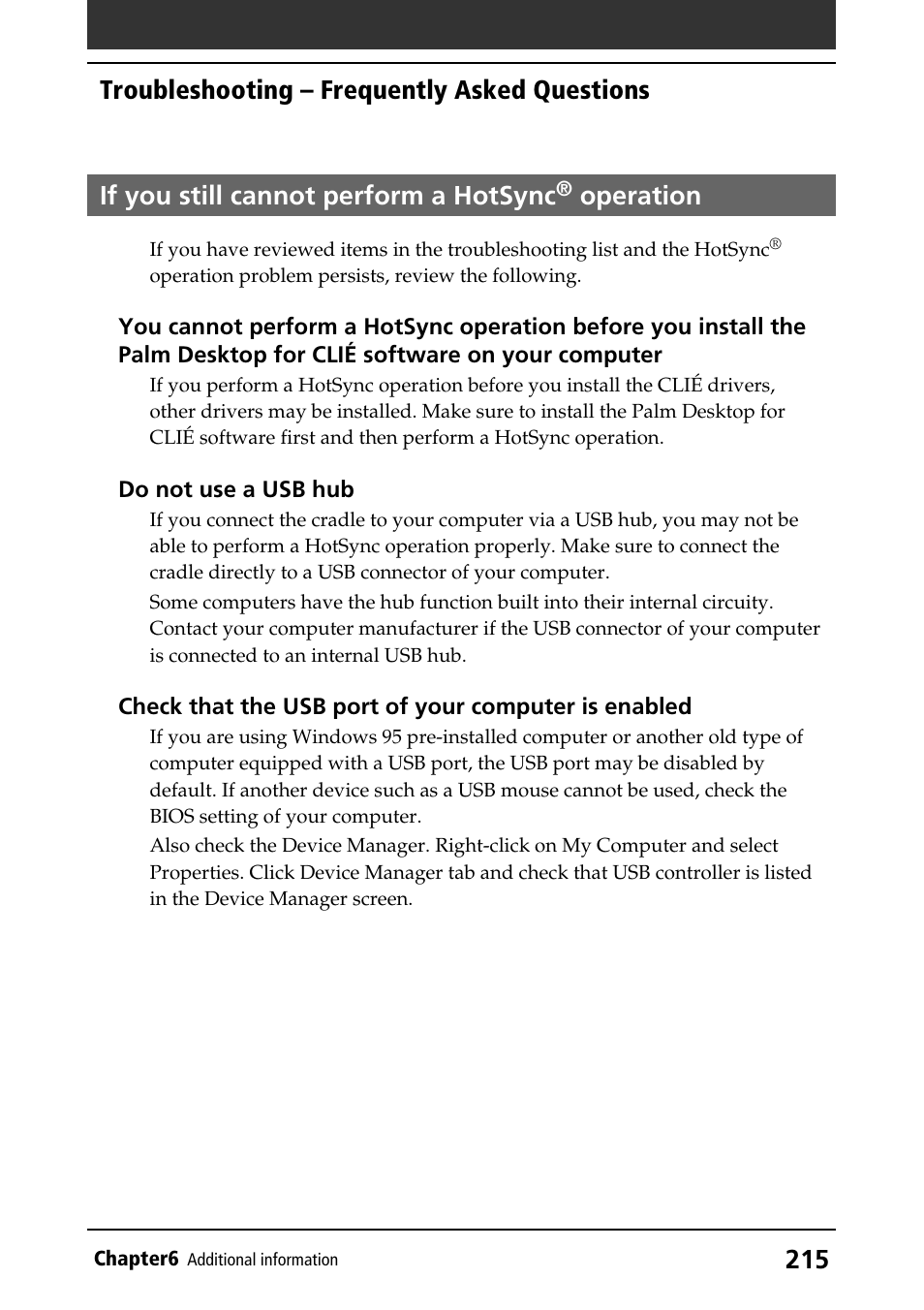 If you still cannot perform a hotsync® operation, If you still cannot perform a hotsync, Operation | Sony PEG-NR70V/U User Manual | Page 215 / 224