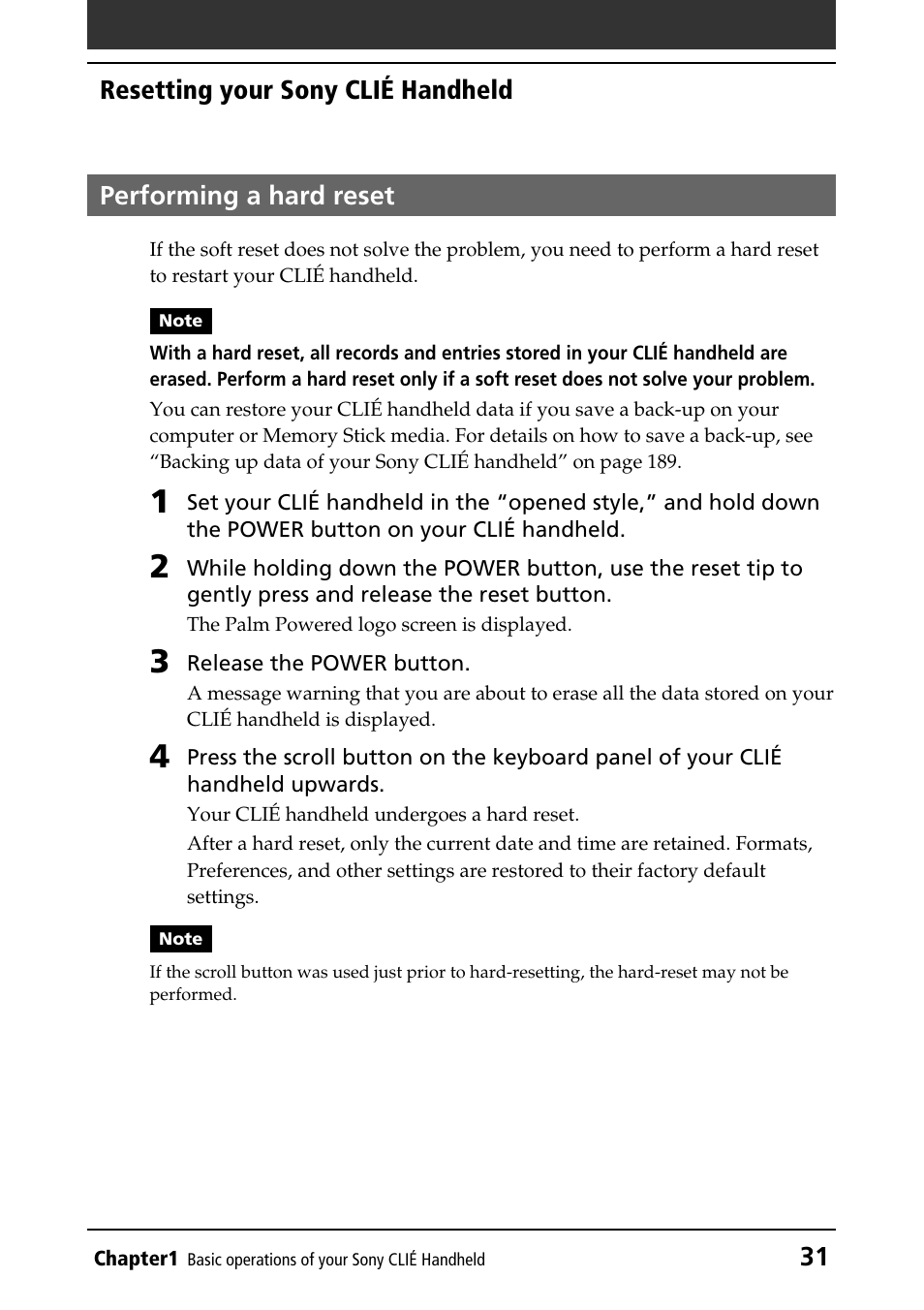 Performing a hard reset | Sony PEG-NR70V/U User Manual | Page 31 / 224