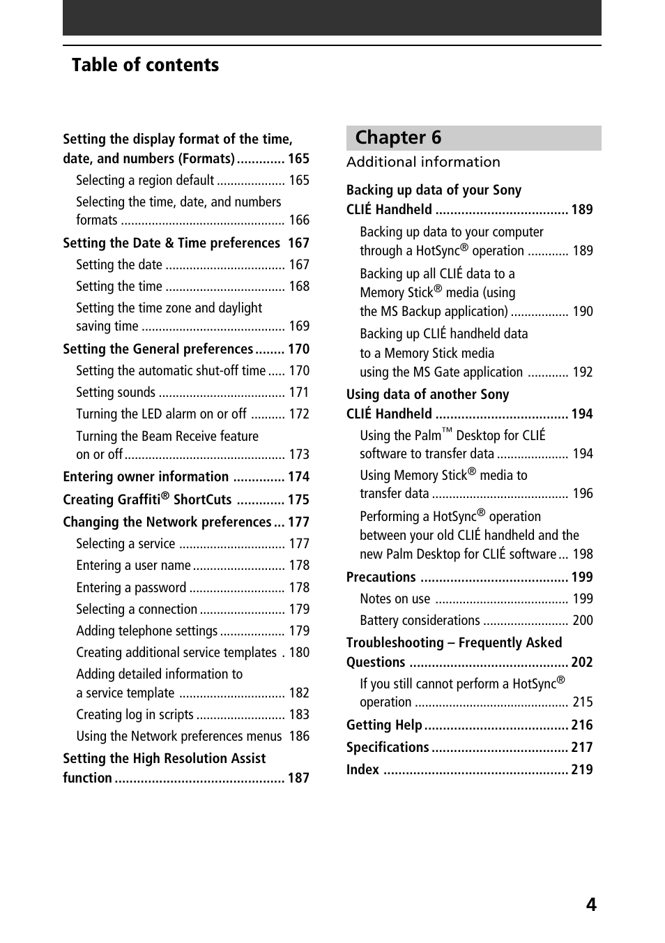 4table of contents, Chapter 6 | Sony PEG-NR70V/U User Manual | Page 4 / 224