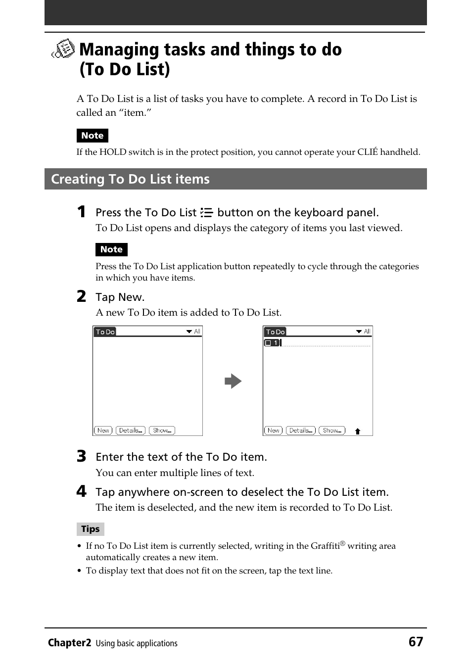 Managing tasks and things to do (to do list), Creating to do list items, Managing tasks and things to do | To do list) | Sony PEG-NR70V/U User Manual | Page 67 / 224
