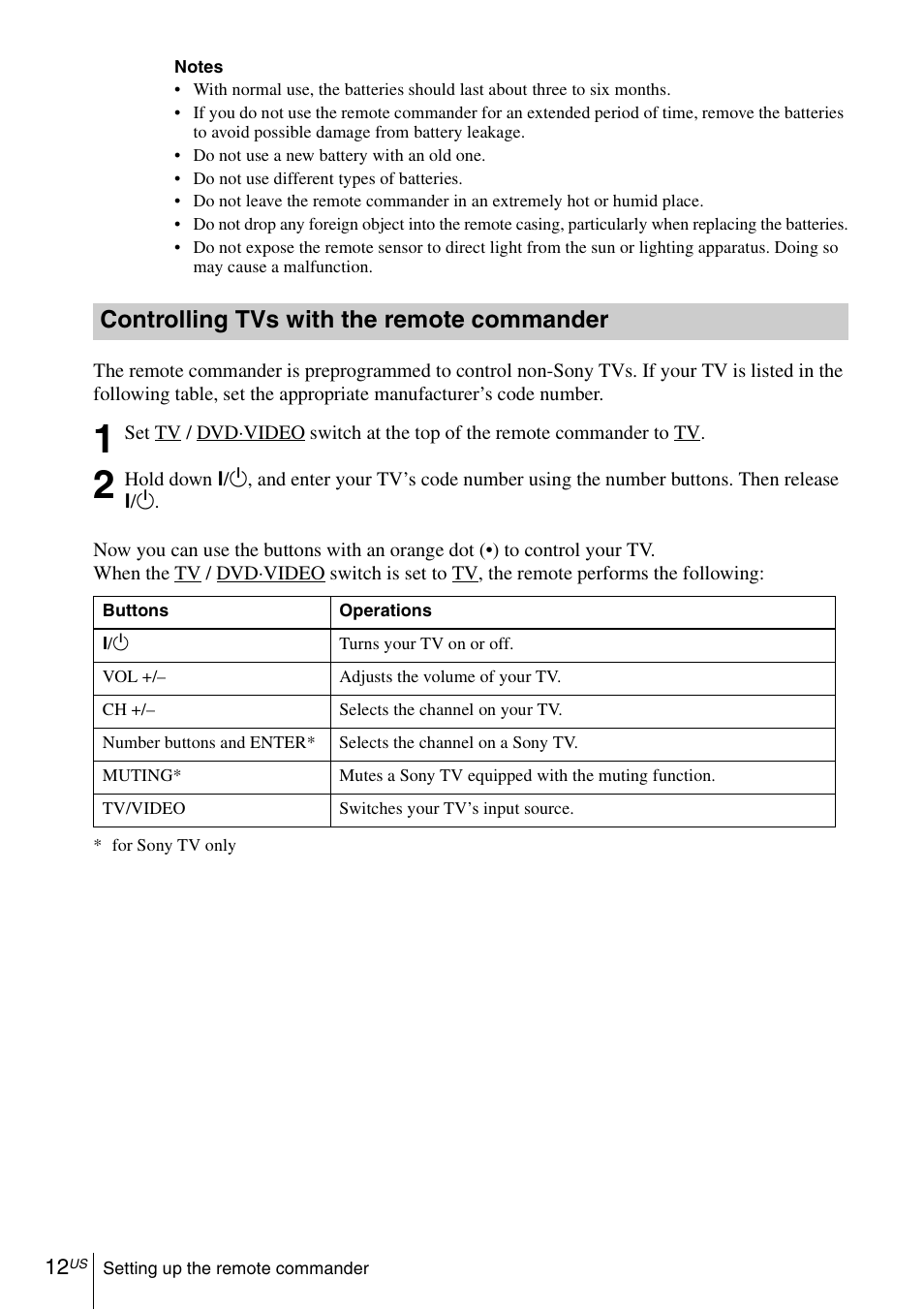 Controlling tvs with the remote commander | Sony SLVD380P User Manual | Page 12 / 116