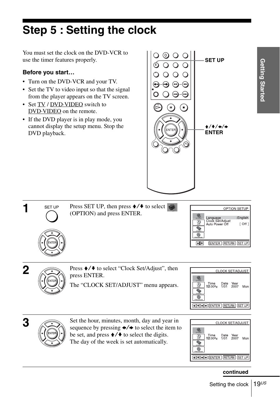 Step 5 : setting the clock | Sony SLVD380P User Manual | Page 19 / 116