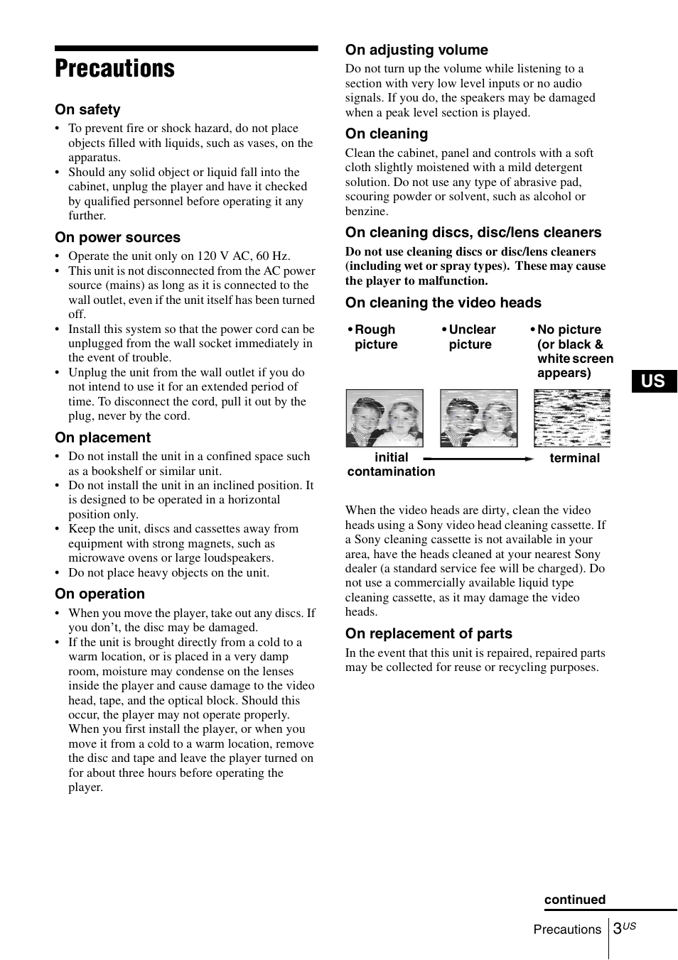 Precautions | Sony SLVD380P User Manual | Page 3 / 116