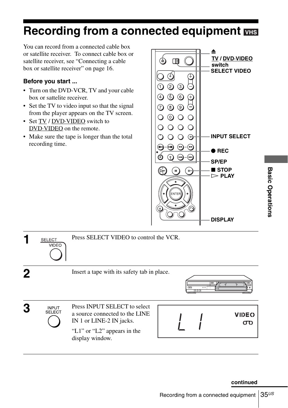 Recording from a connected equipment | Sony SLVD380P User Manual | Page 35 / 116