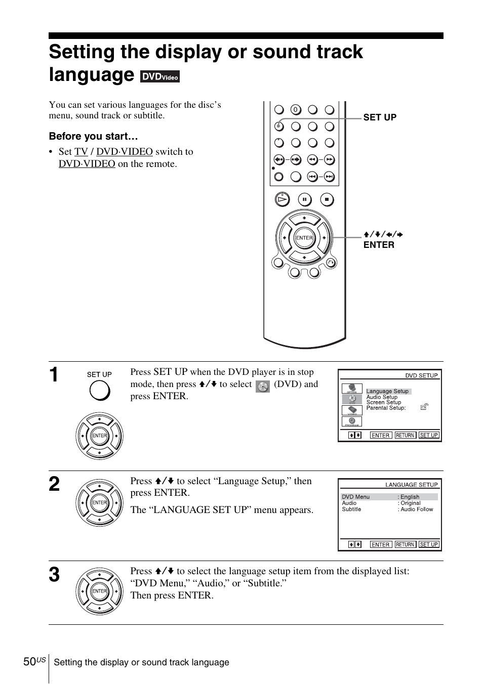 Setting the display or sound track language | Sony SLVD380P User Manual | Page 50 / 116