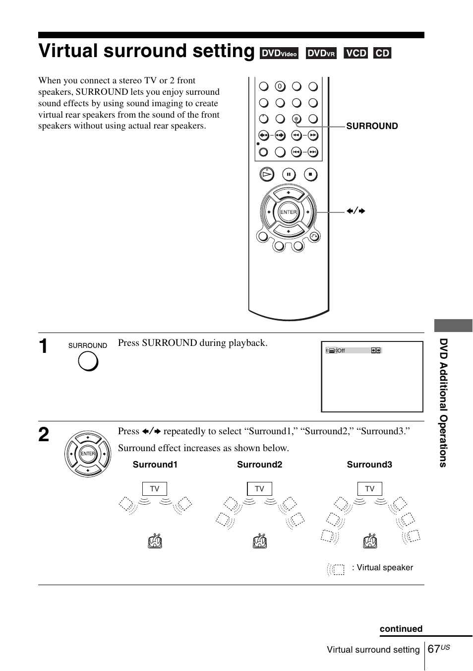 Virtual surround setting, 67 v | Sony SLVD380P User Manual | Page 67 / 116
