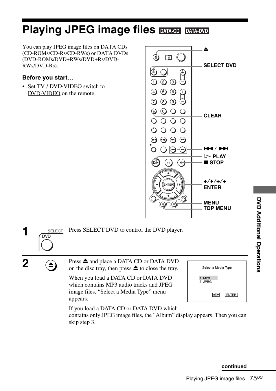 Playing jpeg image files, 75 pla | Sony SLVD380P User Manual | Page 75 / 116