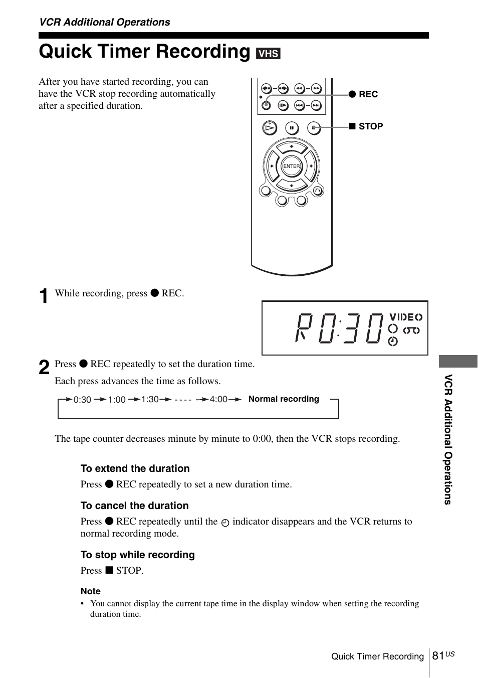 Vcr additional operations, Quick timer recording, 81 q | Sony SLVD380P User Manual | Page 81 / 116