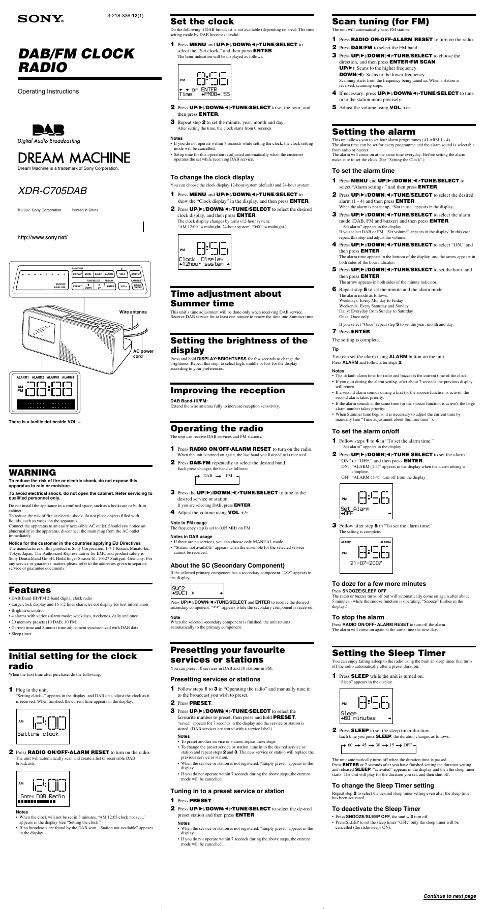 Sony XDR-C705DAB User Manual | 2 pages