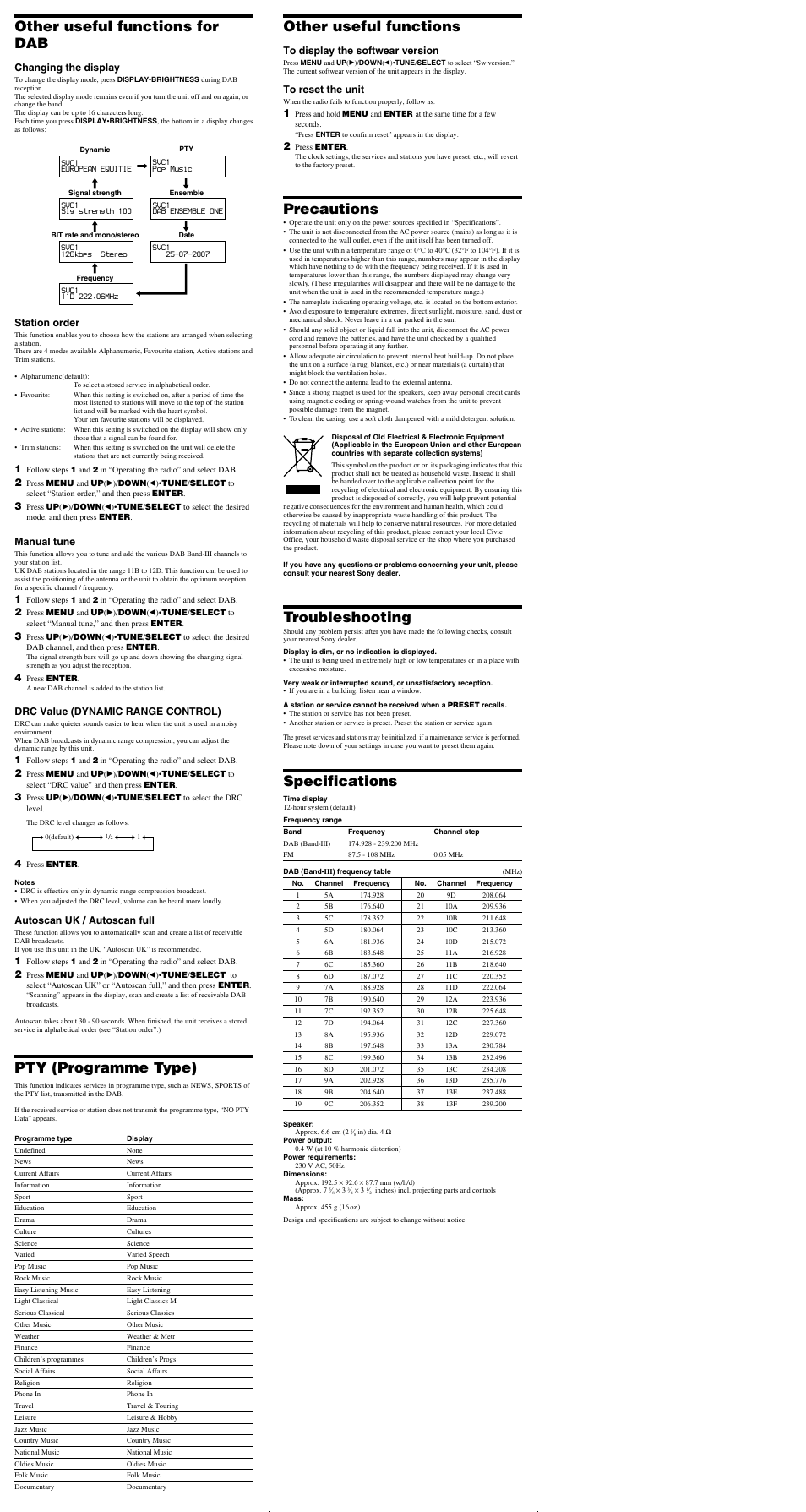 Other useful functions, Precautions, Troubleshooting | Specifications, Other useful functions for dab, Pty (programme type), Changing the display, Station order, Manual tune, Drc value (dynamic range control) | Sony XDR-C705DAB User Manual | Page 2 / 2