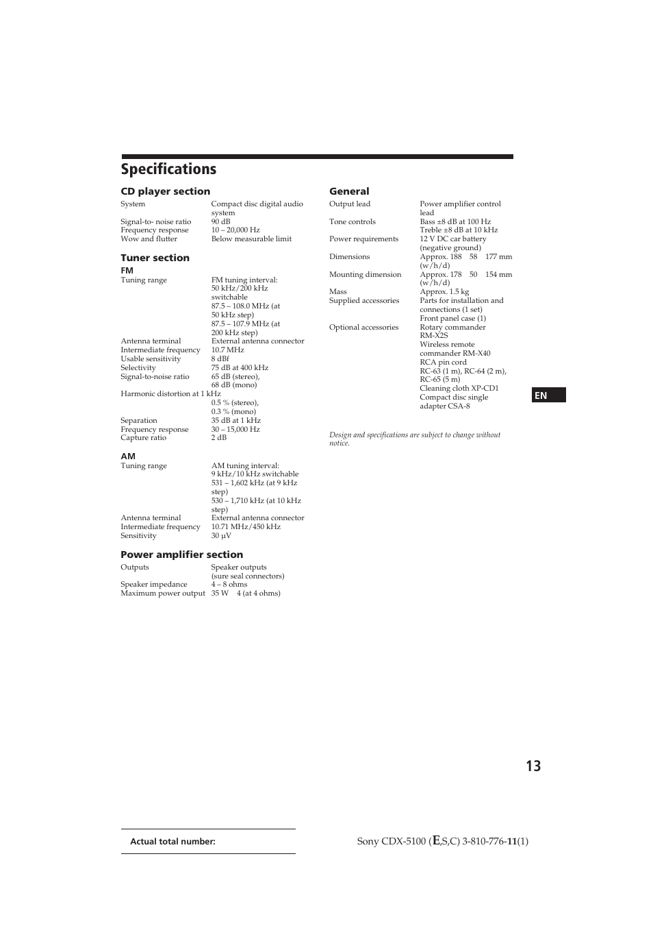 Specifications | Sony CDX-5100 User Manual | Page 13 / 31