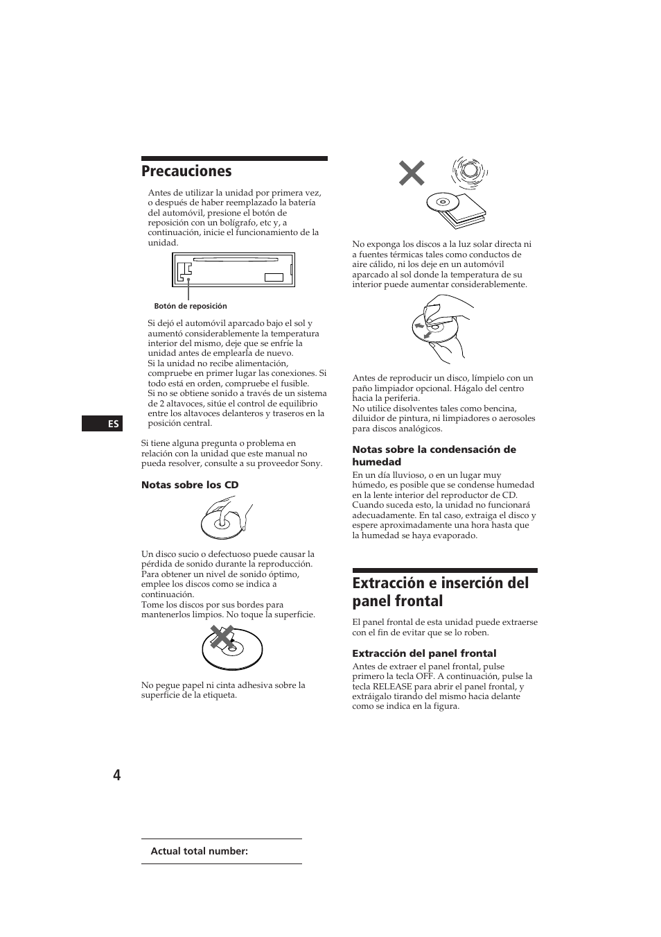 Precauciones, Extracción e inserción del panel frontal | Sony CDX-5100 User Manual | Page 18 / 31