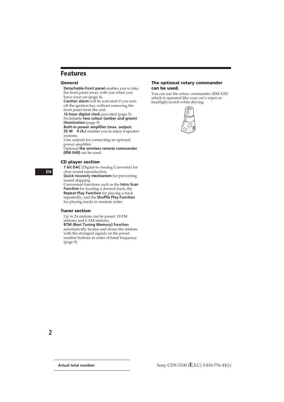 Features | Sony CDX-5100 User Manual | Page 2 / 31