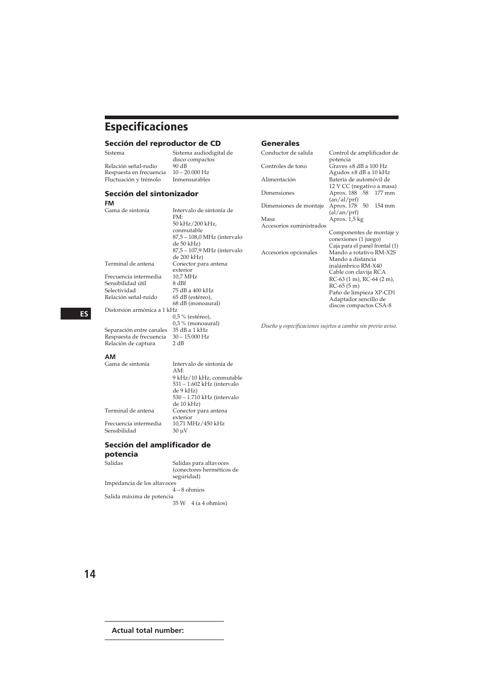 Especificaciones | Sony CDX-5100 User Manual | Page 28 / 31