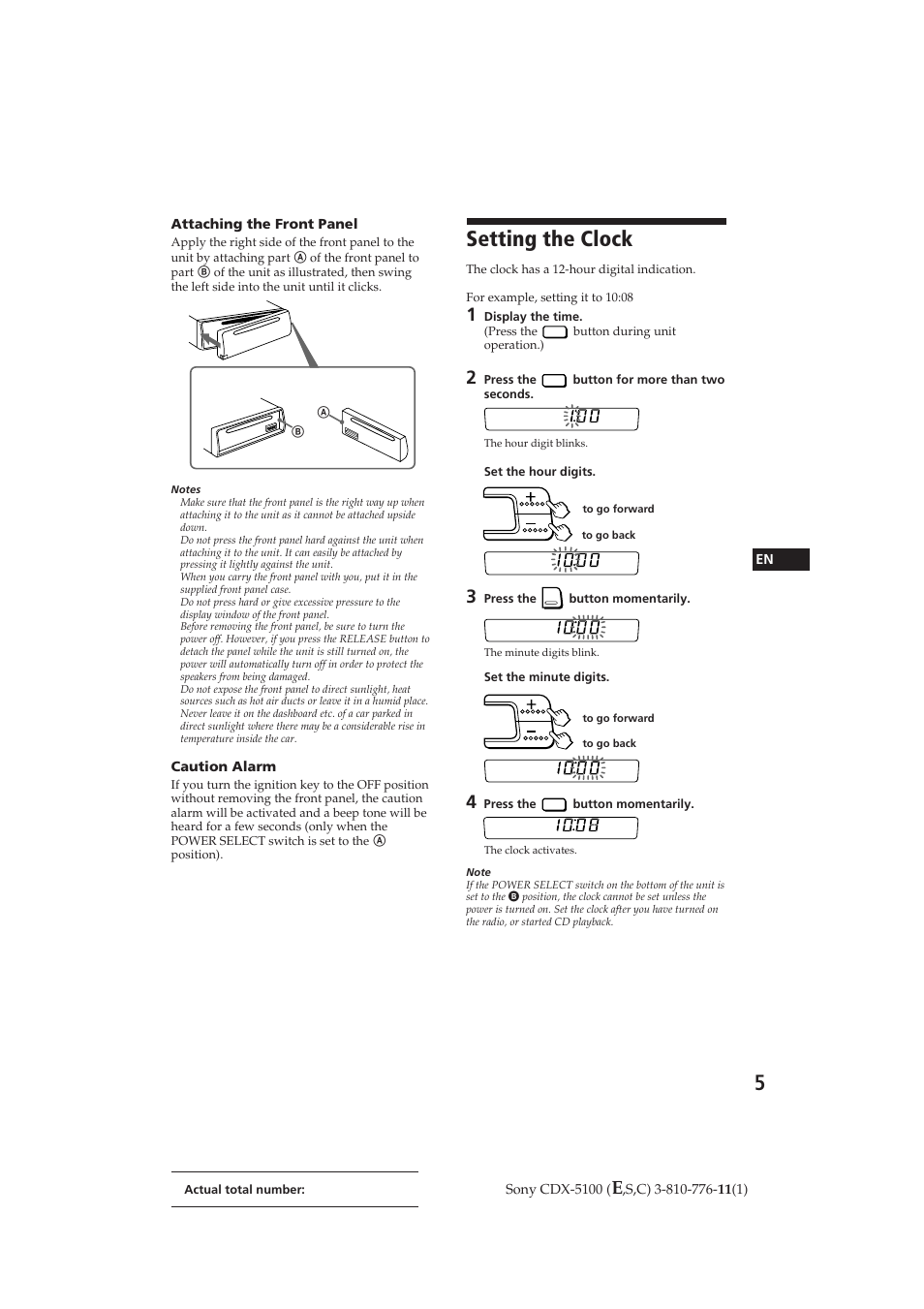 Setting the clock | Sony CDX-5100 User Manual | Page 5 / 31