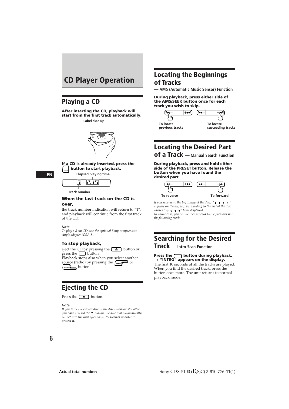 Cd player operation, Locating the beginnings of tracks, Locating the desired part of a track | Searching for the desired track, Playing a cd, Ejecting the cd | Sony CDX-5100 User Manual | Page 6 / 31
