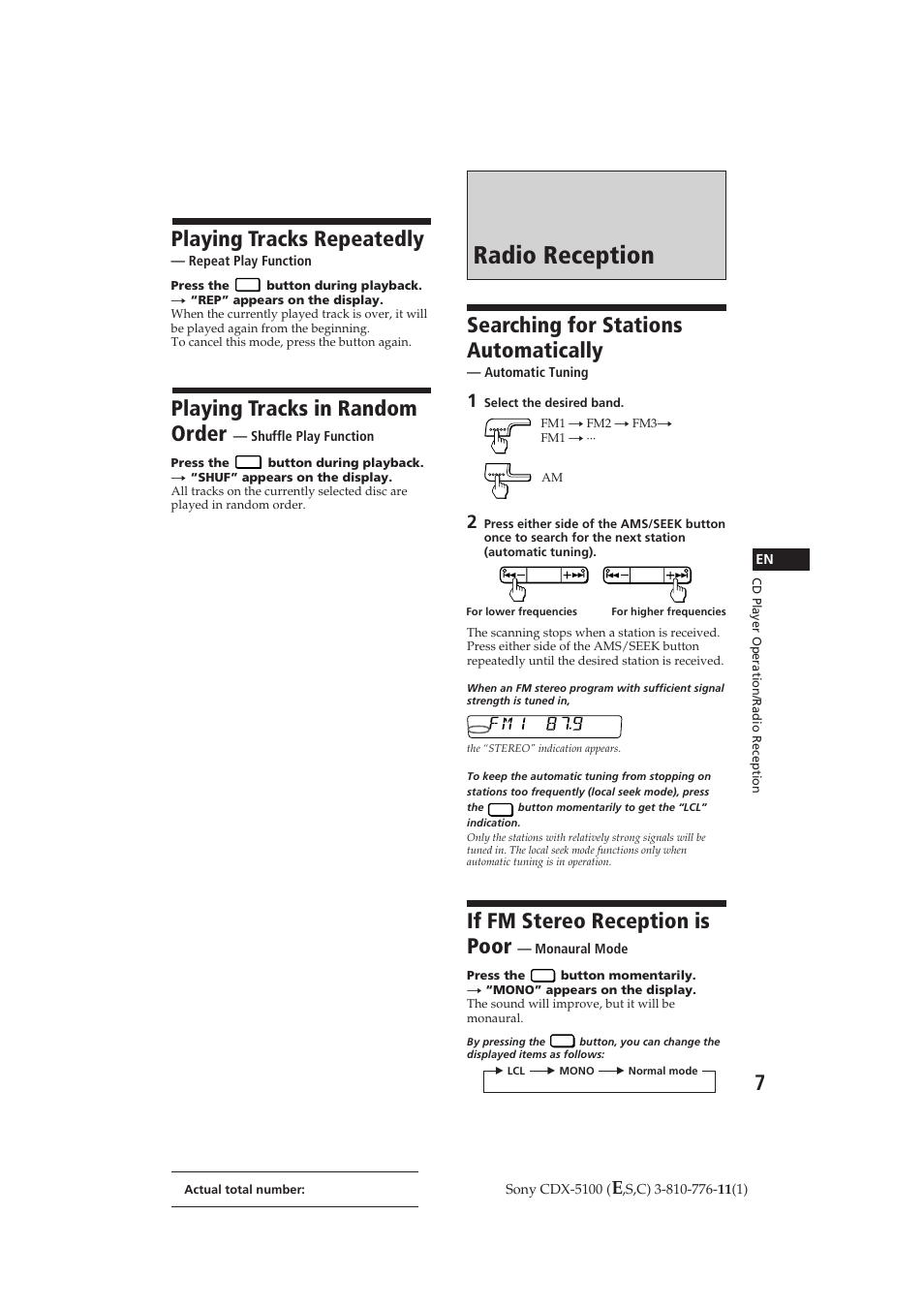 Radio reception, Playing tracks repeatedly, Playing tracks in random order | Searching for stations automatically, If fm stereo reception is poor | Sony CDX-5100 User Manual | Page 7 / 31