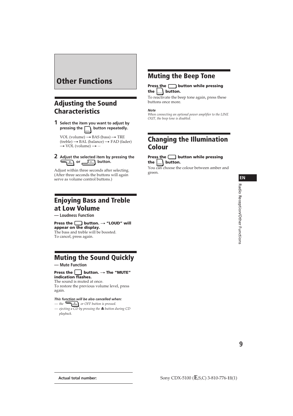 Other functions, Adjusting the sound characteristics, Enjoying bass and treble at low volume | Muting the sound quickly, Muting the beep tone, Changing the illumination colour | Sony CDX-5100 User Manual | Page 9 / 31