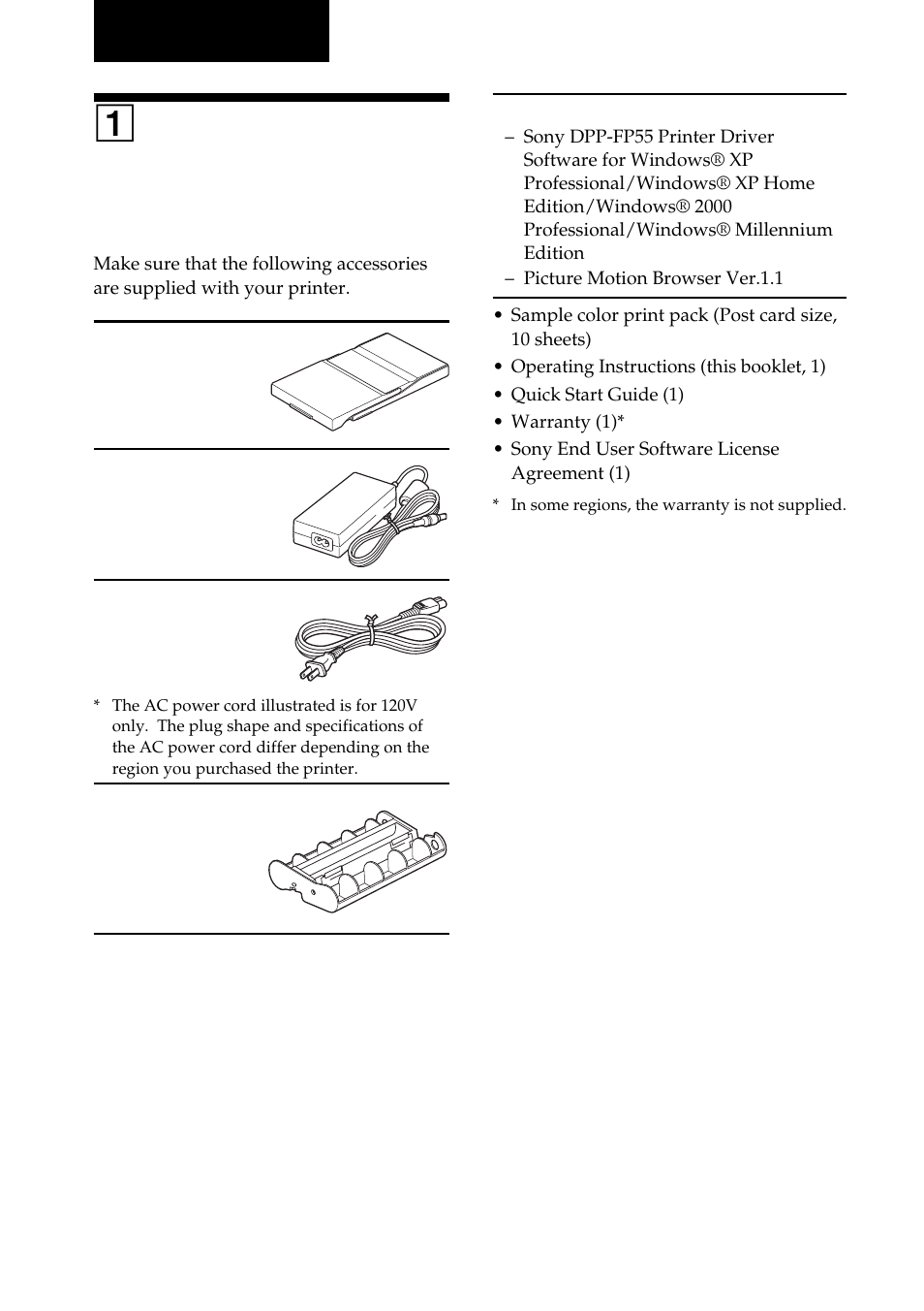 Preparations, 1 checking the contents of the package, Checking the contents of the package | 1checking the contents of the package | Sony DPP-FP55 User Manual | Page 10 / 92