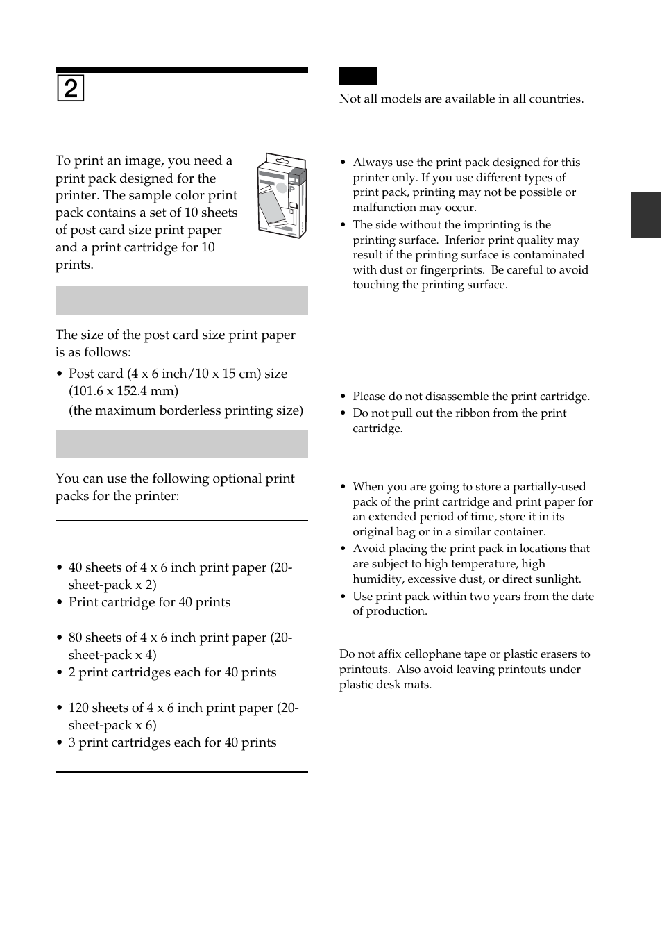 2 preparing the print pack, Size of print paper, Optional print packs | Preparing the print pack, Size of print paper optional print packs, 2preparing the print pack | Sony DPP-FP55 User Manual | Page 11 / 92