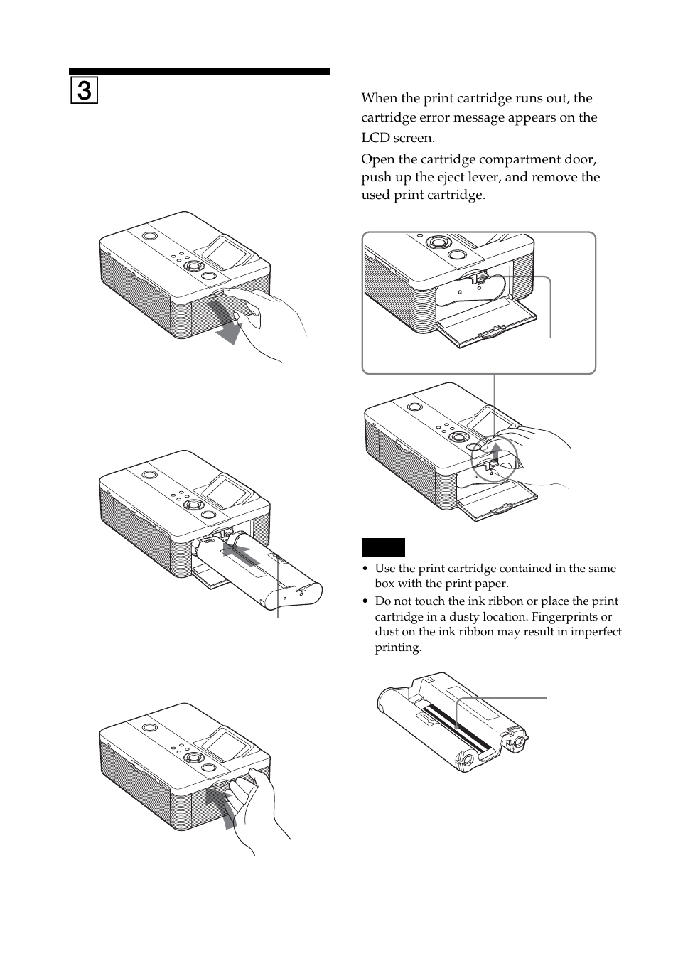 3 loading the print cartridge, Loading the print cartridge, 3loading the print cartridge | Sony DPP-FP55 User Manual | Page 12 / 92