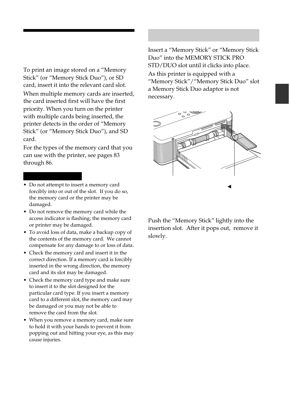 Inserting a memory card, Inserting a “memory stick | Sony DPP-FP55 User Manual | Page 17 / 92