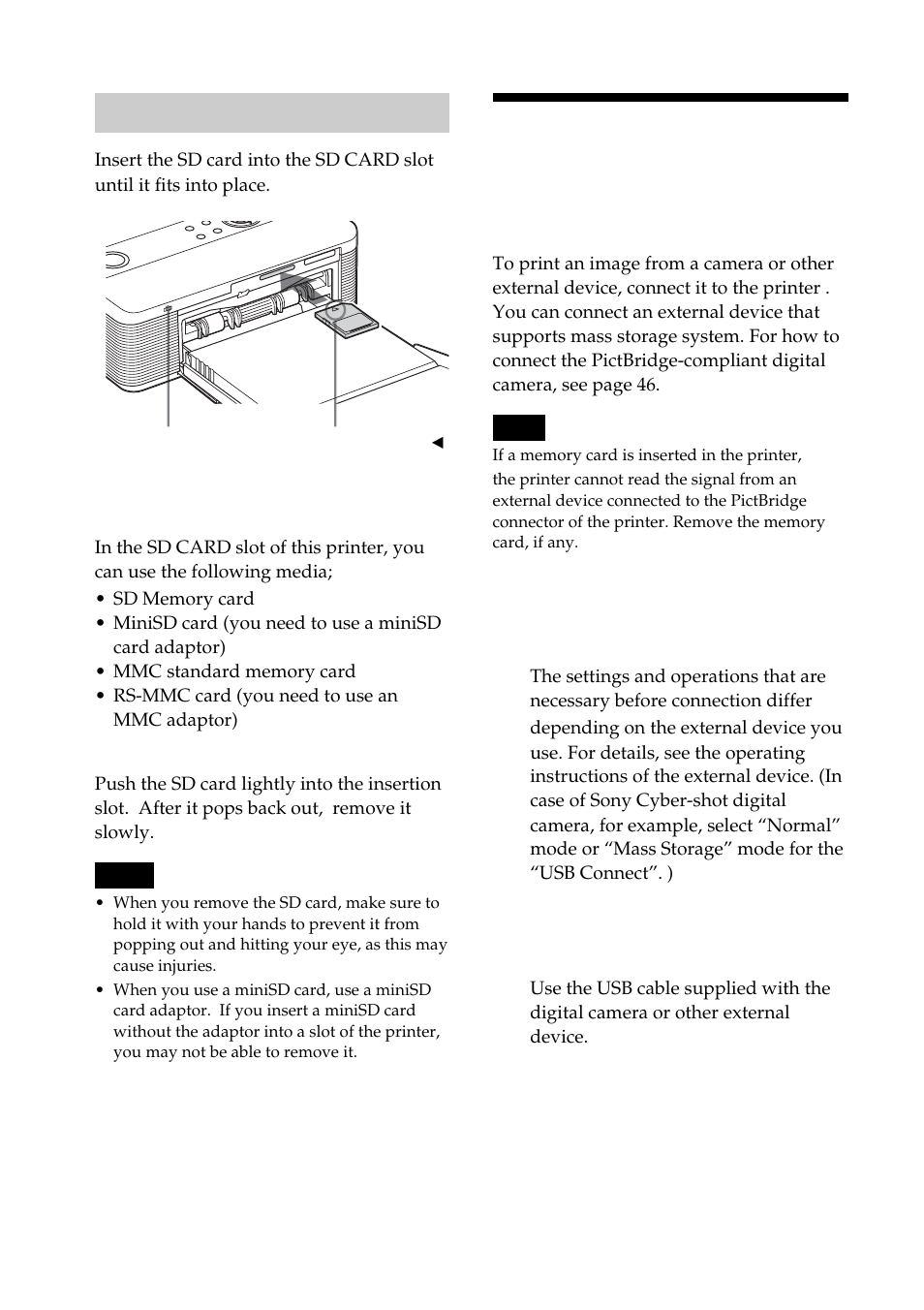 Inserting an sd card, Connecting a camera or other external device, Connecting a camera or other | External device | Sony DPP-FP55 User Manual | Page 18 / 92