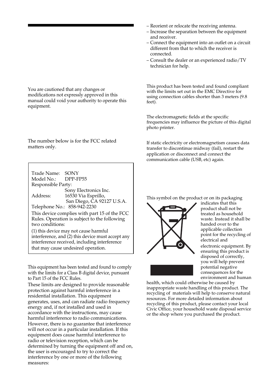 Warning, For the customers in the u.s.a, For the customer in europe | Sony DPP-FP55 User Manual | Page 2 / 92