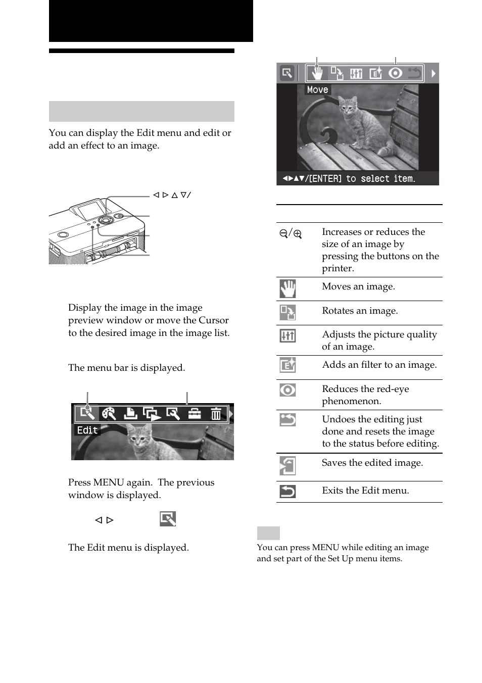 Making various printing, Editing an image, Displaying the edit menu | Sony DPP-FP55 User Manual | Page 26 / 92