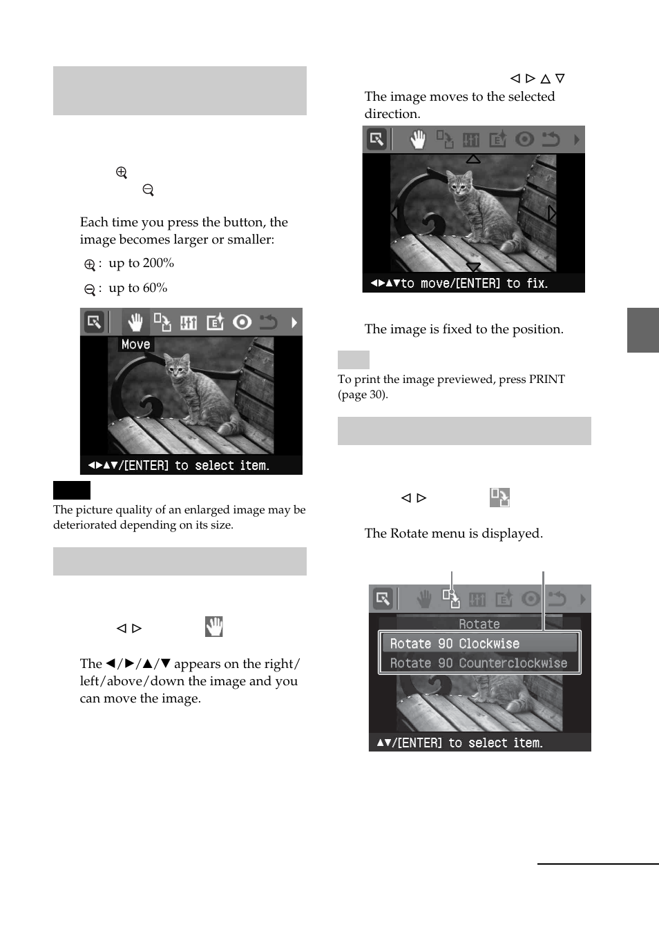 Enlarging and reducing an image size, Moving an image, Rotating an image | Sony DPP-FP55 User Manual | Page 27 / 92