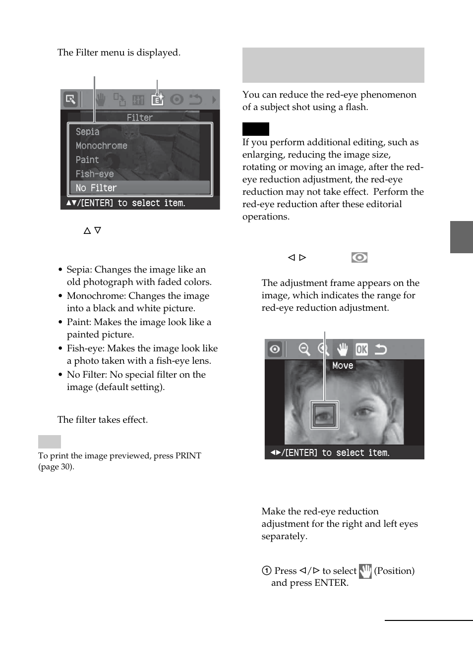 Reducing the red-eye phenomenon | Sony DPP-FP55 User Manual | Page 29 / 92