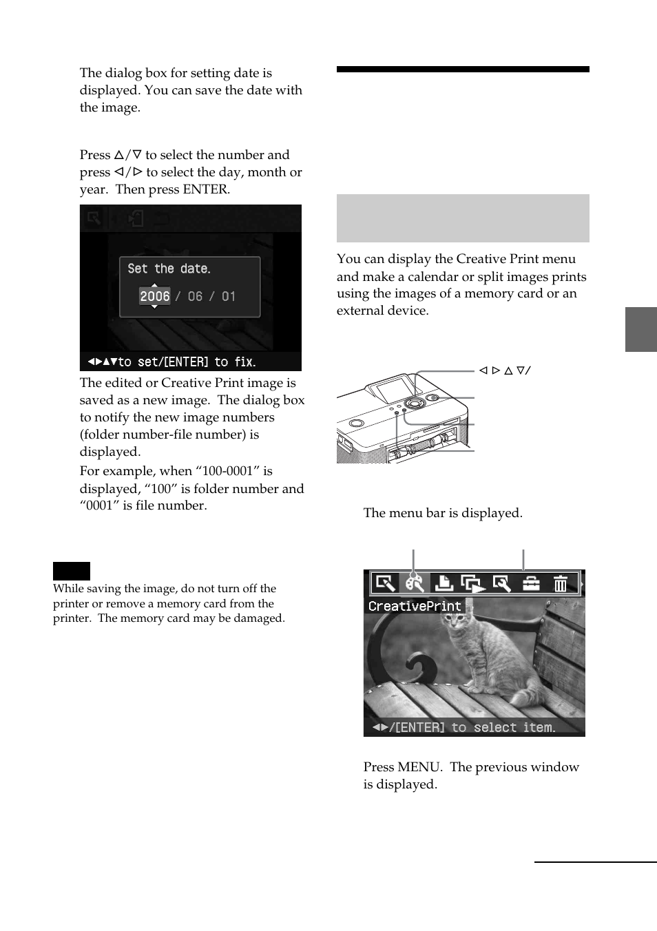 Displaying the creative print menu, Making split images and a calendar, Creative print) | Creative print) displaying the creative print menu | Sony DPP-FP55 User Manual | Page 31 / 92