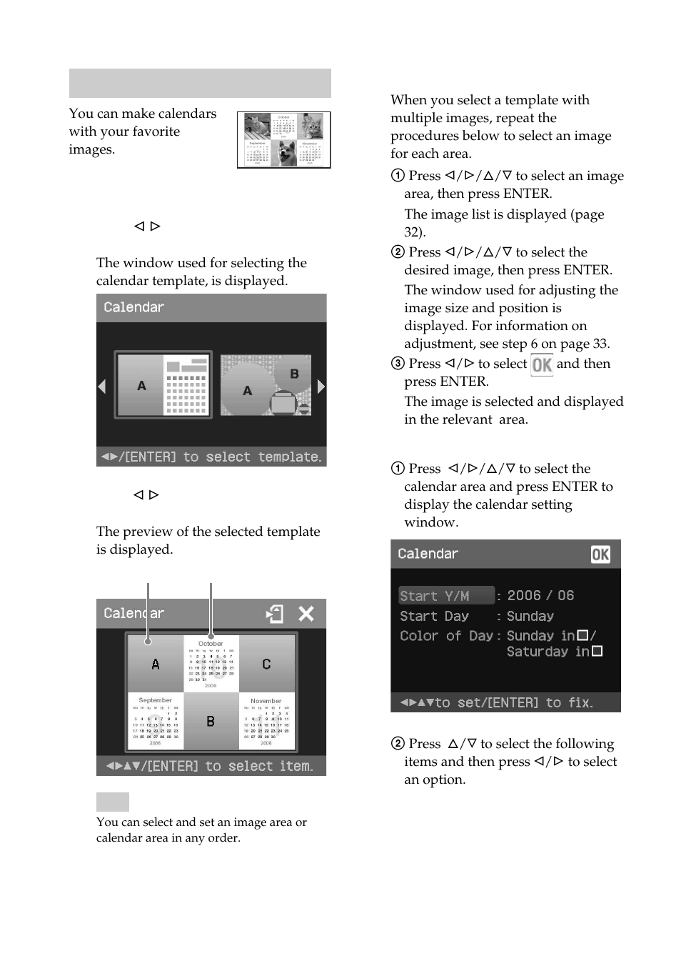 Making a calendar | Sony DPP-FP55 User Manual | Page 34 / 92