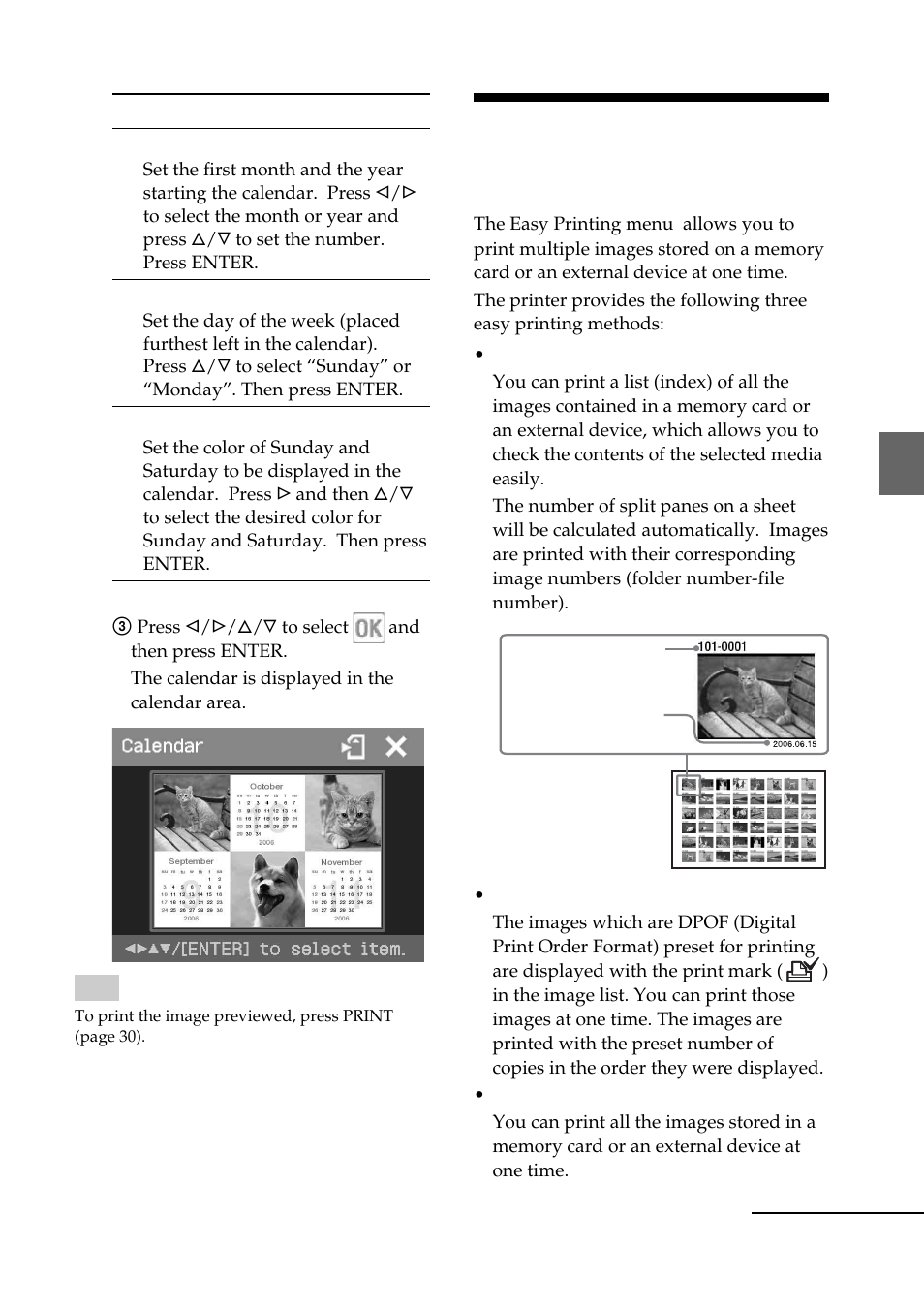 Making easy printing (index/dpof/all), Making easy printing, Index/dpof/all) | Sony DPP-FP55 User Manual | Page 35 / 92