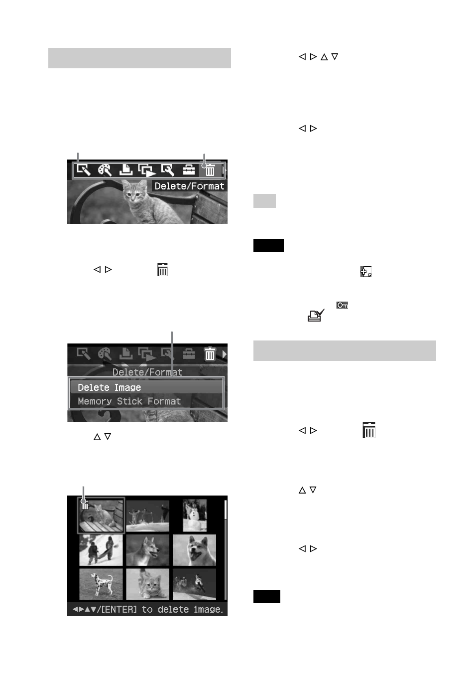 Deleting selected images, Formatting a “memory stick | Sony DPP-FP55 User Manual | Page 40 / 92