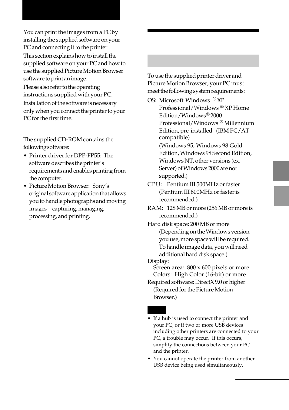 Printing from a pc, Installing the software, System requirements | Sony DPP-FP55 User Manual | Page 47 / 92